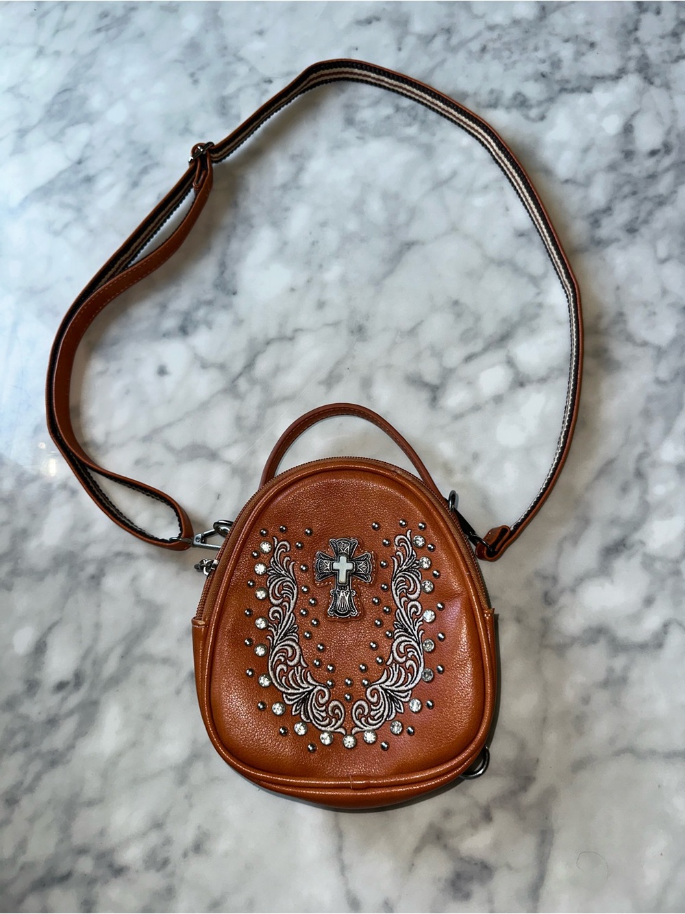 American bling Women’s Brown Crossbody Bag with Embellished Cross Detail